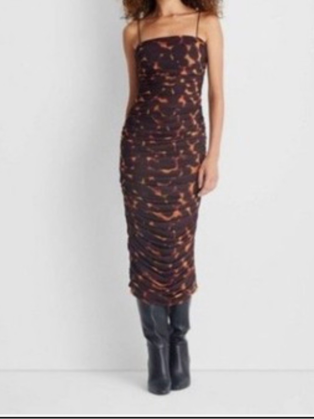 Ruched Midi Slip Dress in Black and Brown Print